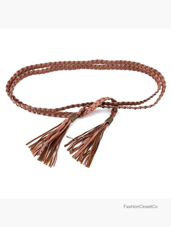 Tassel Braided Rope Belt PU Leather Thin Woven Boho Waistband for Dress Jeans main image 7